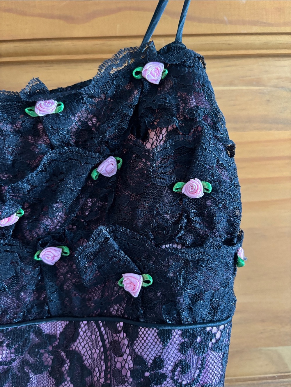 Betsey Johnson Pink and Black Lace Overlay Slip Dress - Picture 5 of 5